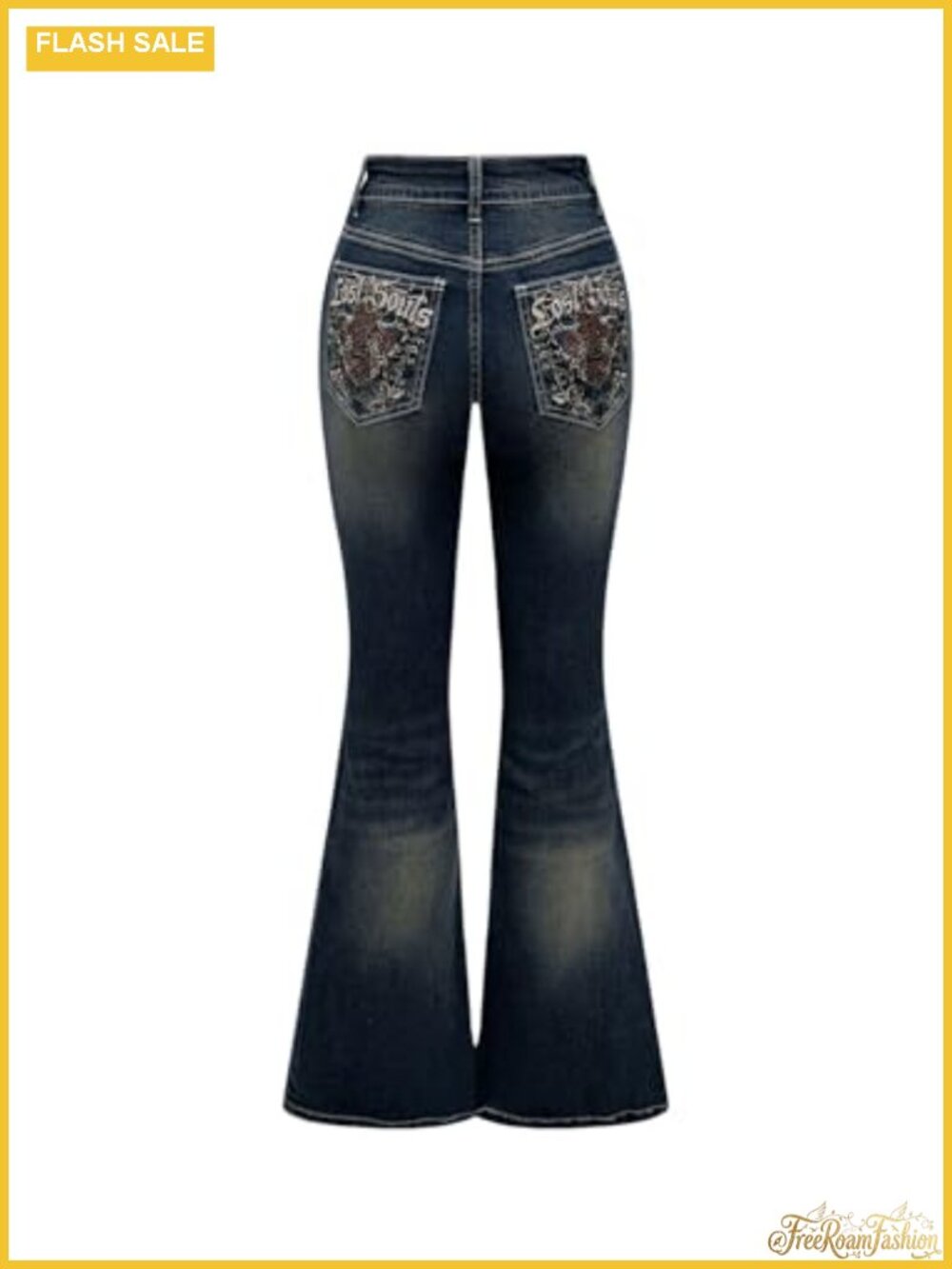 High Stretch Embroidered Flared Bell Bottom Jeans Mid Rise Y2K